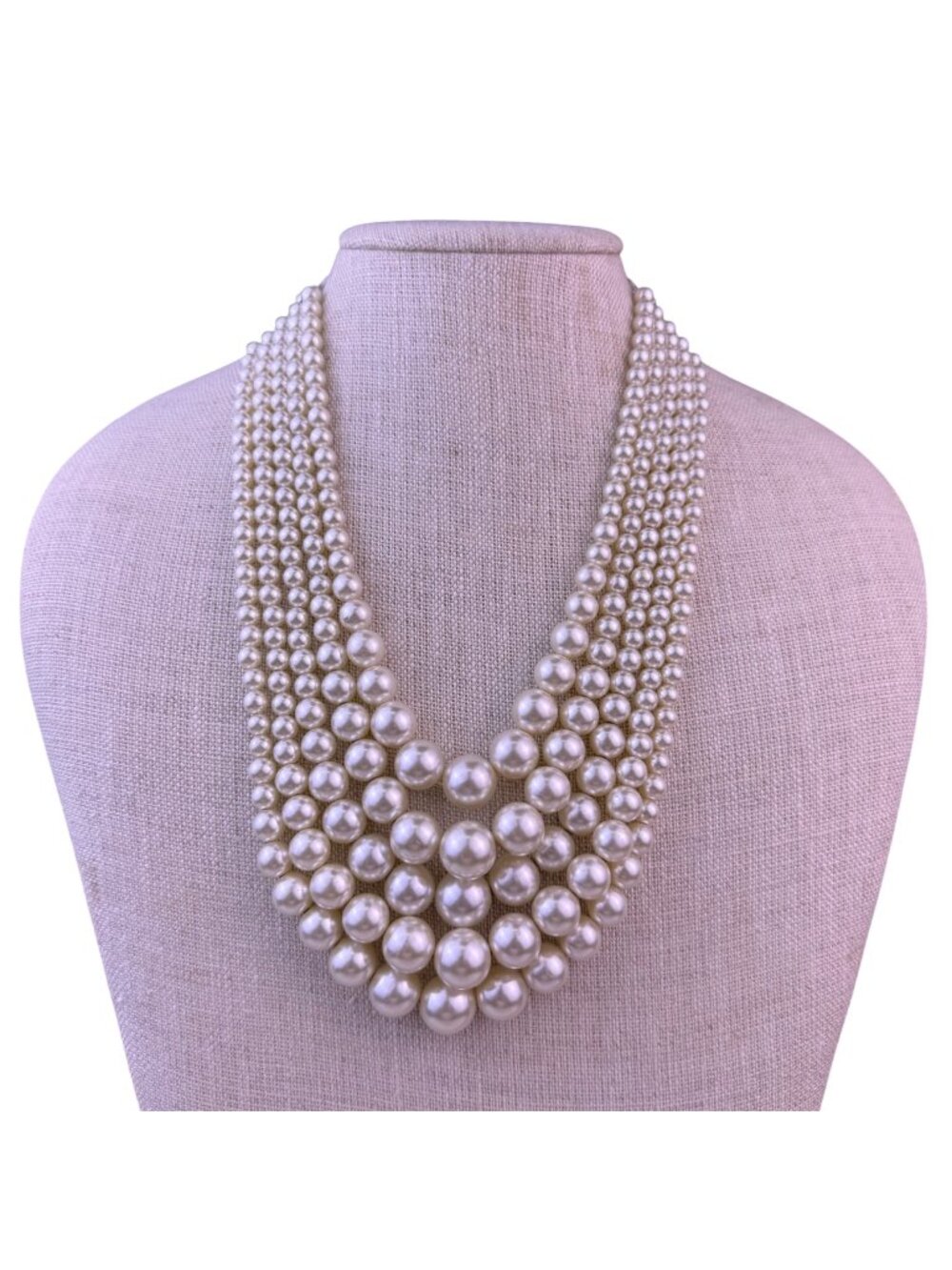 Vintage Japan Womens Cream Faux Pearl 5-Strand Necklace Statement Piece